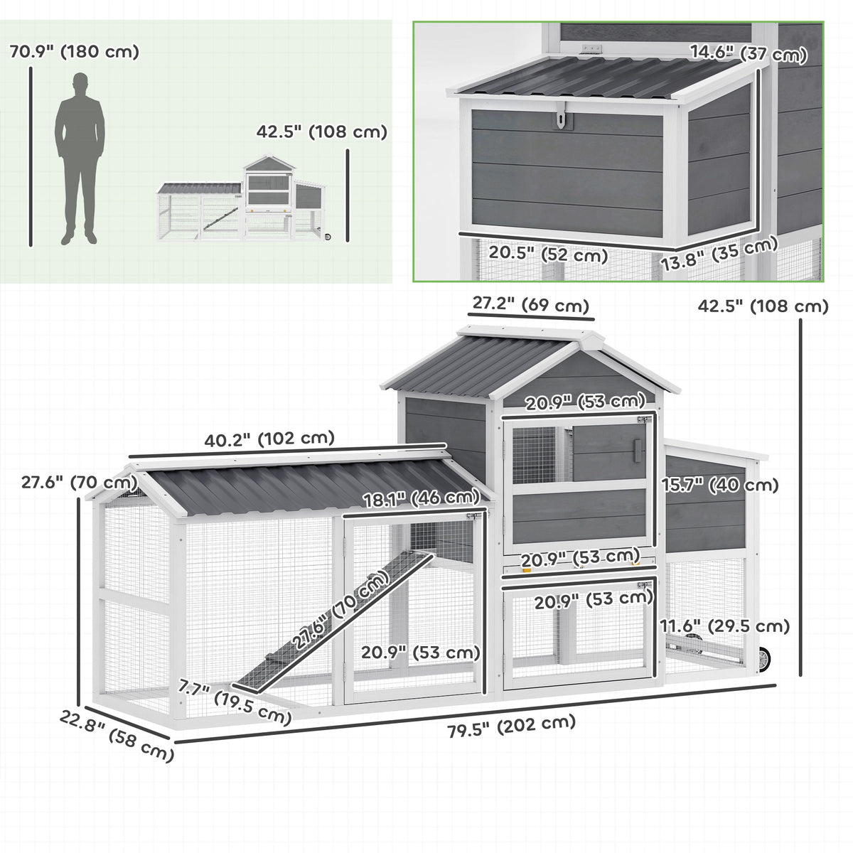 Chicken Coop with Wheels, 80" L Mobile Hen House with Run, Outdoor Wooden Chicken House with Nesting Box, Tray, Ramp