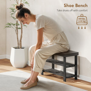 Bamboo Shoe Storage Bench, 3-Tier Entryway Bench with 2 Storage Shelves for Hallway, Holds 6 Pairs, Black – view 4