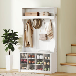 4-In-1 Hall Tree with Bench and Shoe Storage, Farmhouse Coat Rack Shoe Bench with 12 Shoe Cubbies, 6 Hooks – view 14