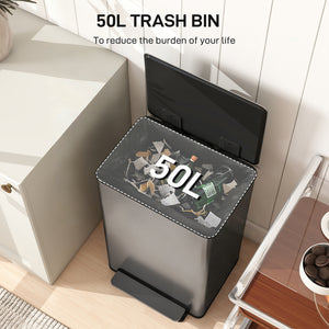 Trash Can with Soft-Close Lid, Garbage Can with Removable Inner Bucket for Kitchen 13.2 gal/50 L, Silver