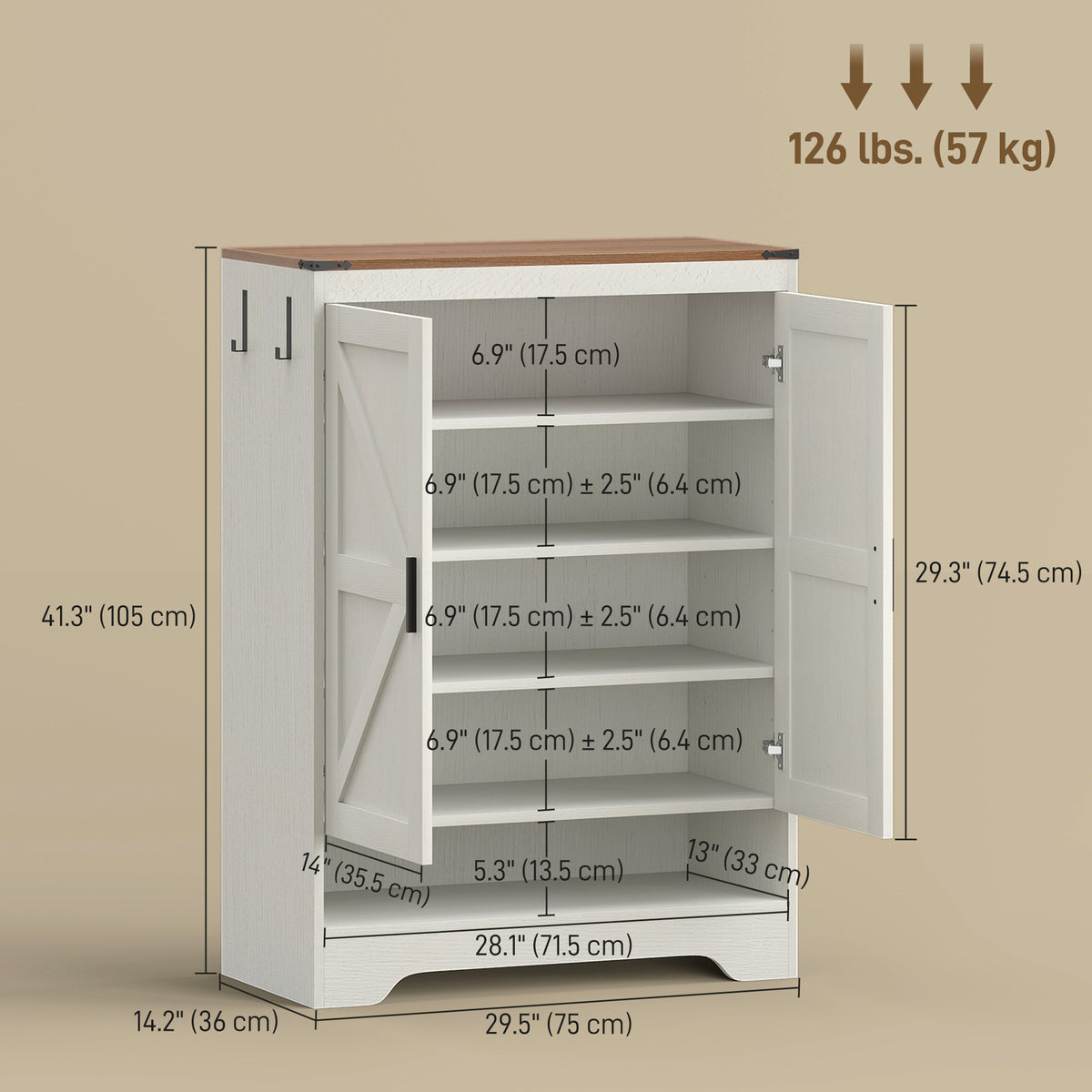5-Tier Shoe Storage Cabinet for 15 Pairs, Freestanding Farmhouse Shoe Cabinet, White
