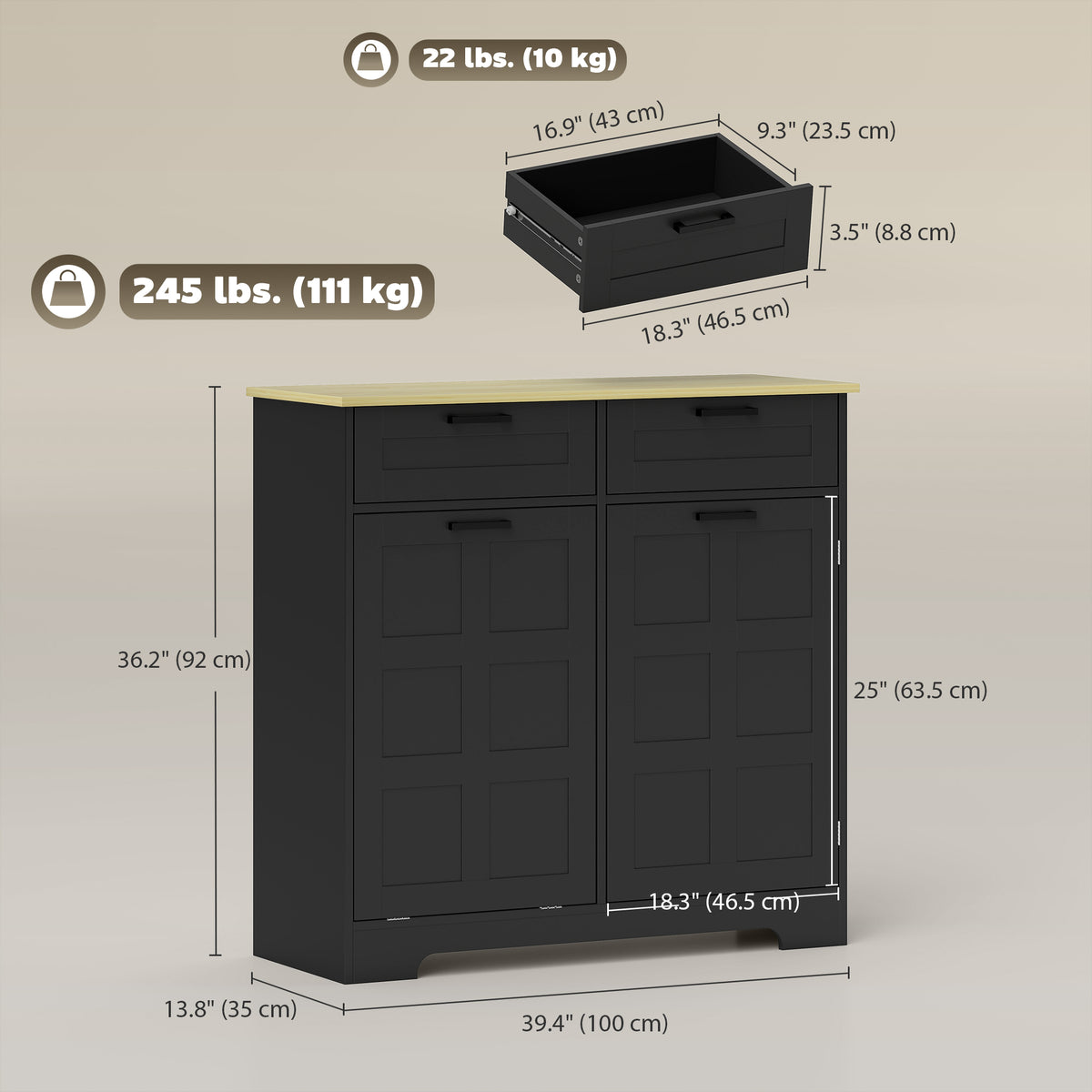 13 Gallon Tilt Out Garbage Cabinet, Kitchen Island with Trash Cabinet, 2 Drawers, Door Racks – view 2