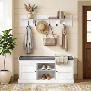 2 in 1 Coat Rack Shoe Bench Set with 6 Hooks and Shoe Storage Bench, White and Grey