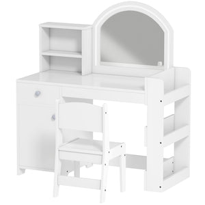 Qaba Kids Vanity Set, Toddler Dressing Table and Chair Set with Lighted Mirror, Cabinet, Drawer and Shelves
