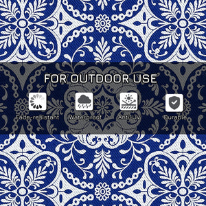 Portable Outdoor Rug with Carry Bag, 9' x 12' Reversible Mat, Waterproof Plastic Straw RV Rug for Backyard, Deck, Picnic, Beach, Camping, Blue & White Flower