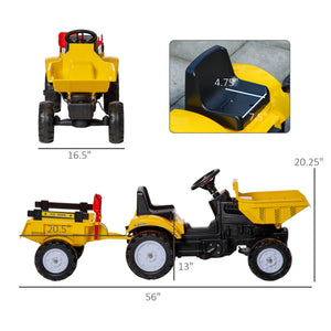 Aosom Ride on Toy Dump Truck for Kids, Pedal Construction Car with Detachable Trailer for 3 Years Old, Yellow
