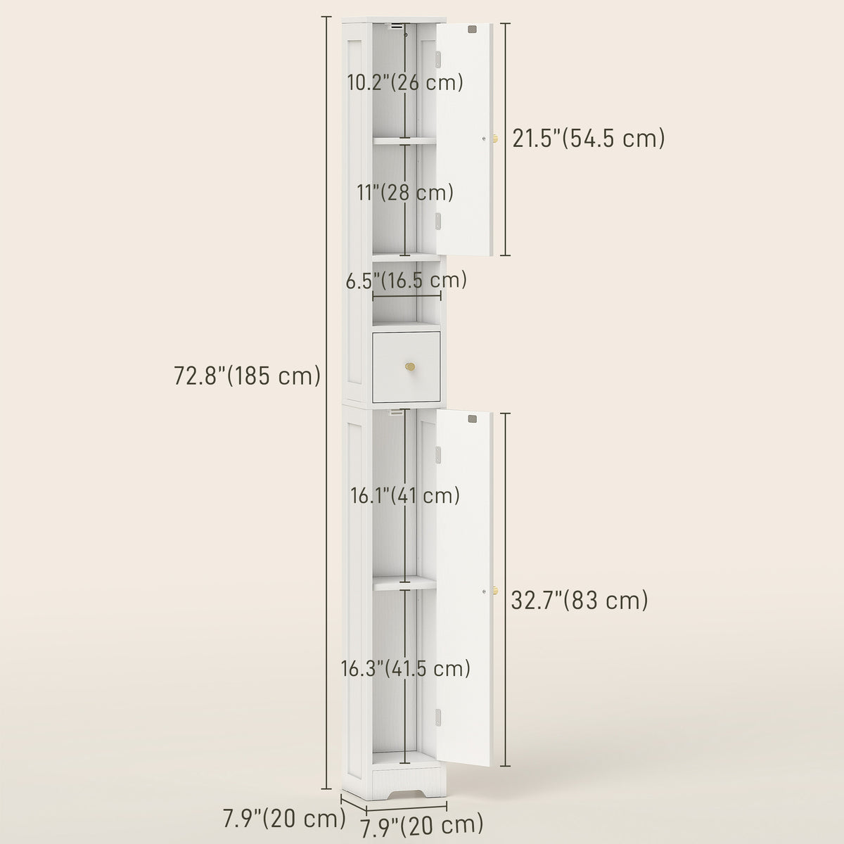 Tall Bathroom Cabinet, Modern Slim Bathroom Storage with Arched Doors, Drawer and Open Shelf, Narrow Storage, White