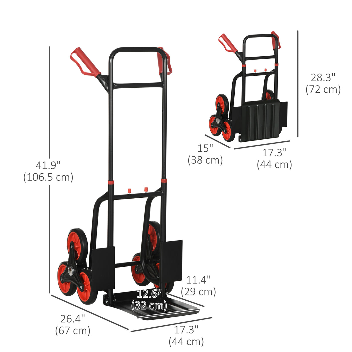 6-Wheels Stair Climber Trolley Cart, Hand Truck and Dolly, Foldable Steel Load Cart, 264lbs Capacity, Black and Red
