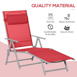 Outdoor Folding Chaise Lounge Chair Steel Portable Recliner with 7 Adjustable Backrest Positions, Red