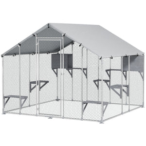 94.5" Extra Large Metal Outdoor Catio with Waterproof Cover, 2 Resting Boxes, 7 Platforms, for Multiple Rabbits, Chicken