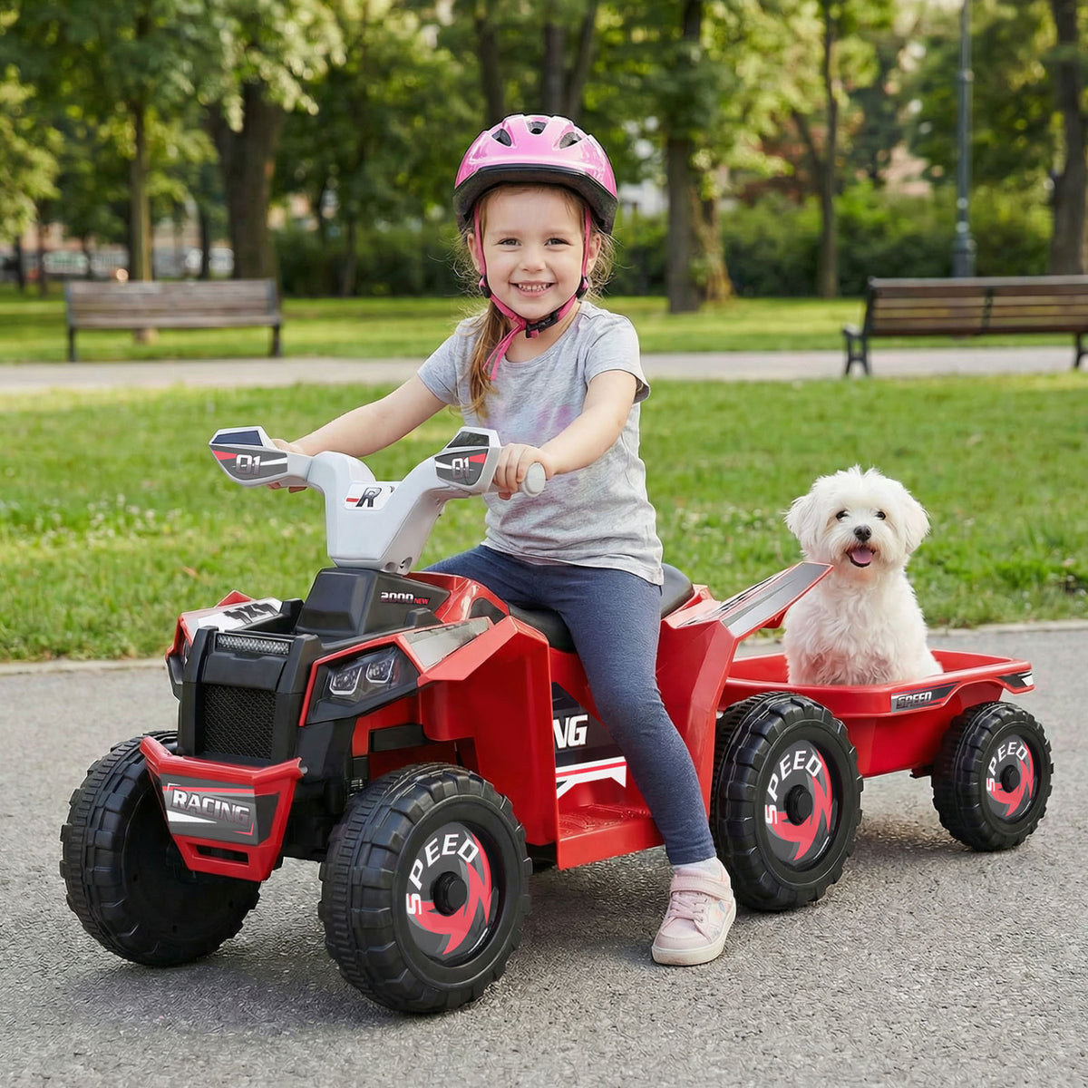 6V Kids Electric ATV Quad Car with Detachable Trailer-Red view 2