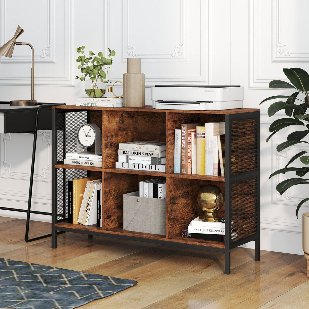 6 Cube Bookcase 42 inches Wide Horizontal Bookshelf with Accent Cubby Shelf-Rustic Brown view 2