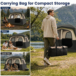 6-Person Camping Tent Easy Setup Family Cabin Tent with Top Rainfly Mesh Windows-Black view 9