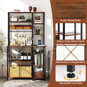 6-Tier Bakers Rack with Power Outlet Stand Wooden Open Shelves-Rusticbrown view 9