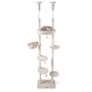 6-tier Floor to Ceiling Cat Tree with Plush Bed and Sisal Scratching Posts-Beige