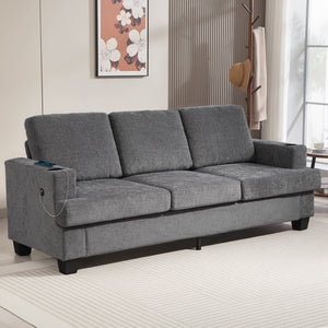 3 Seater Sofa with USB Ports & Cup Holders, Chenille-Feel Upholstered Couch for Living Room, Grey – view 7