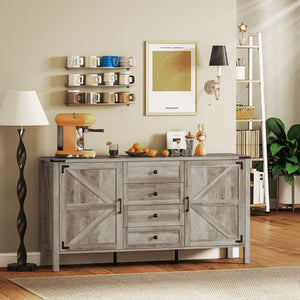 59" Buffet Cabinet, Farmhouse Sideboard with Thick Top, 2 Barn Doors, 4 Drawers and 2 Adjustable Shelves, Grey