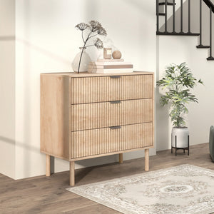 Bedroom Chest of Drawers, 3 Drawer Dresser with Fluted Panels and Solid Wood Legs, Storage Cabinet for Living Room, Oak
