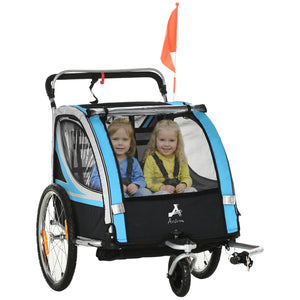 Aosom 2 Seat Bike Trailer for Kids 2-in-1 Double Baby Stroller with Handbrake, Rubber Wheels, 5 Point Harness, Waterproof Cover, Storage Bag, Reflectors