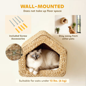 Cat Wall Shelf, Wall Mounted Cat House with Washable Cushion, Kitty Shelf Furniture for Indoor Kittens, Natural