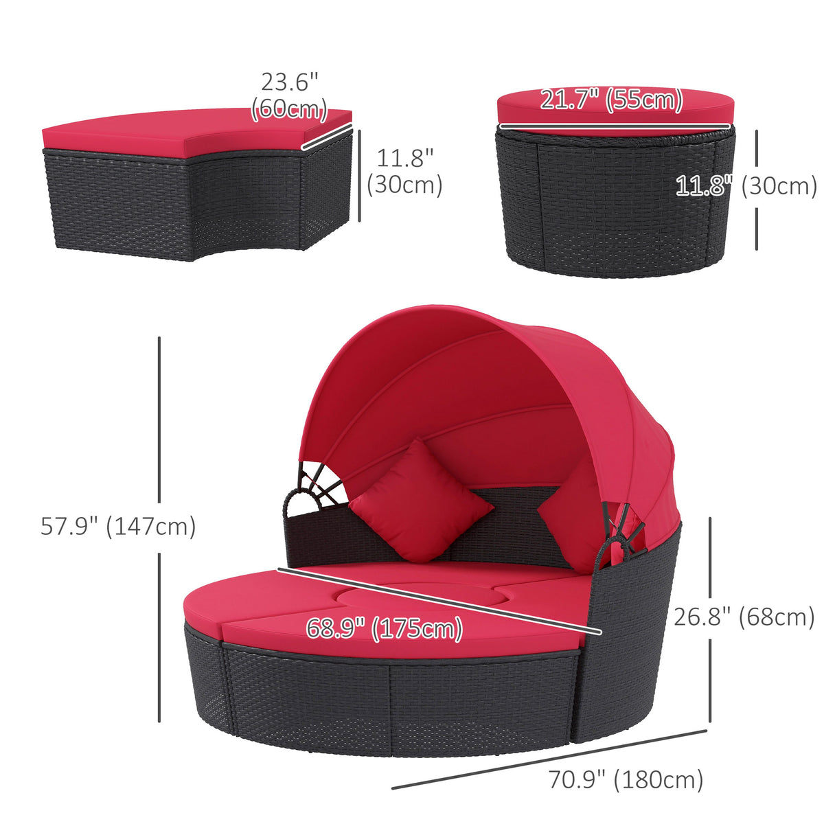 4-piece Round Sofa Bed, Outdoor Daybed with Retractable Canopy, PE Rattan Wicker Patio Lounge Chair