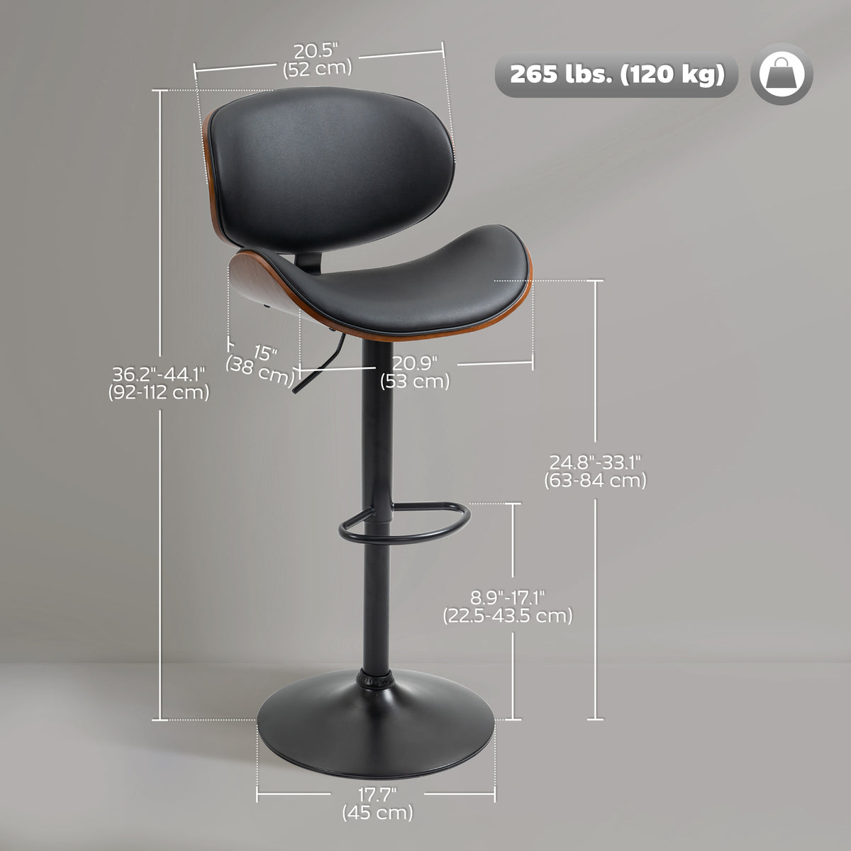 Bar Stools Set of 2, Modern PU Leather Adjustable Swivel Barstools with Curved Back, Footrest and Steel Base, Black
