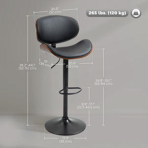 Bar Stools Set of 2, Modern PU Leather Adjustable Swivel Barstools with Curved Back, Footrest and Steel Base, Black
