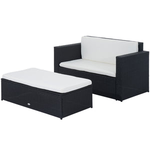 2 Pieces Wicker Patio Furniture Set with Double Ottoman, Outdoor PE Rattan Conversation Set with Loveseat and Two Seat Ottoman, Cream White