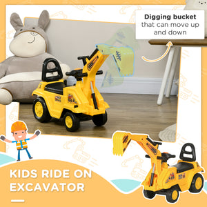 Ride-On Toy Excavator with Digger Scooter Steering Wheel Storage Toddlers for 18-48 Months, Yellow