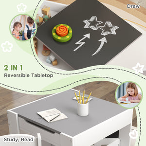 Qaba 3 Piece Kids Table and Chair Set with Reversible Tabletop, Blackboard, Storage, Bookshelf, for Playroom, Nursery