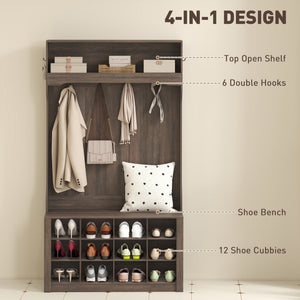 4-In-1 Hall Tree with Bench and Shoe Storage, Farmhouse Coat Rack Shoe Bench with 12 Shoe Cubbies, 6 Hooks – view 3