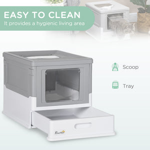 Top Entry Enclosed Kitty Litter Box with Scoop, Tray, Front Entry, Large Space, Foldable, Portable, Grey – view 4