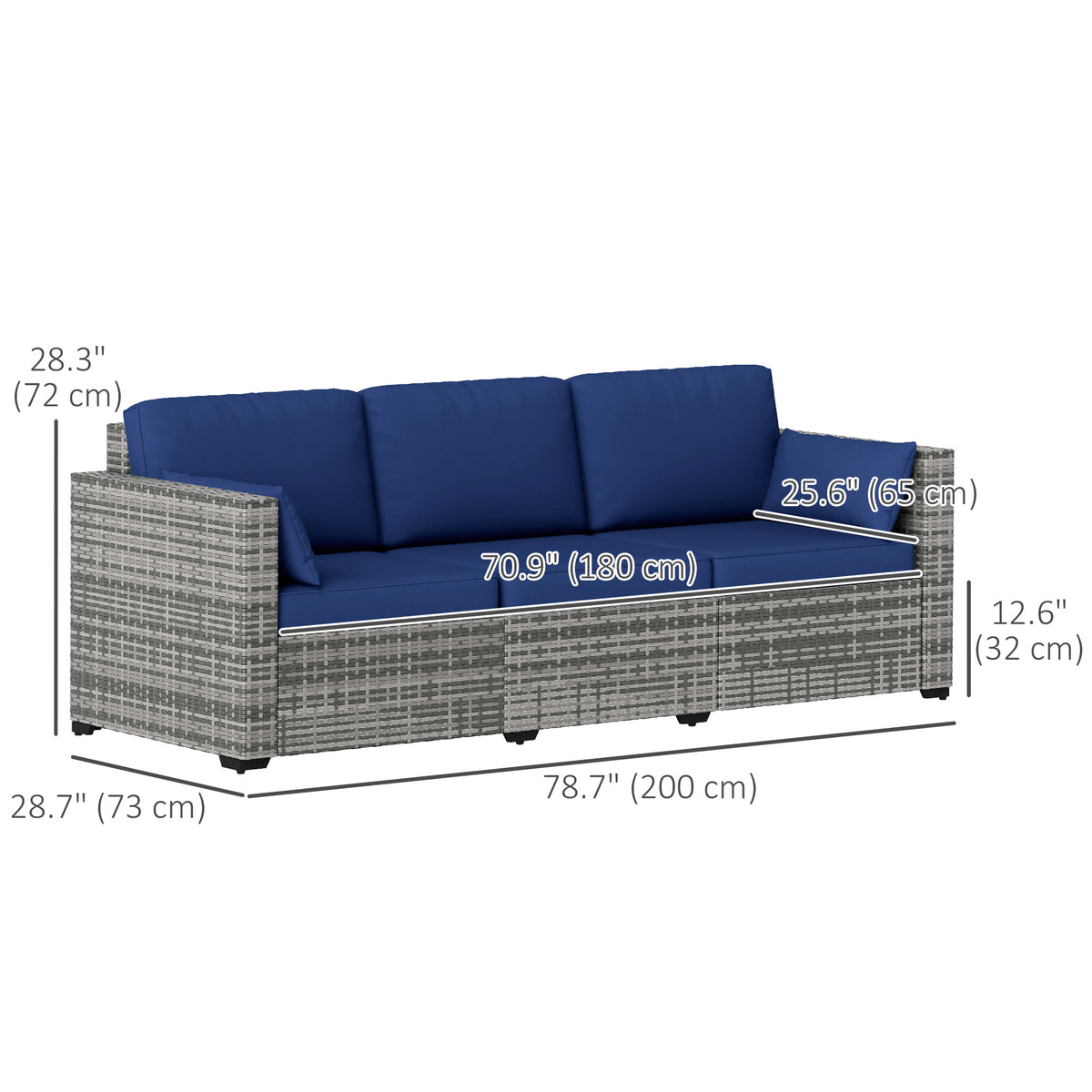 3-Seater Patio Sofa with Cushions, Rattan Conversation Set with Steel Frame & Washable Cushion Covers, Dark Blue