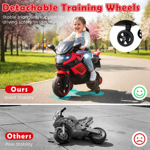 6V Kids Motorcycle with Headlights Music and Detachable Training Wheels-Red view 9