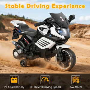 6V Kids Motorcycle with Headlights Music and Detachable Training Wheels-White view 7