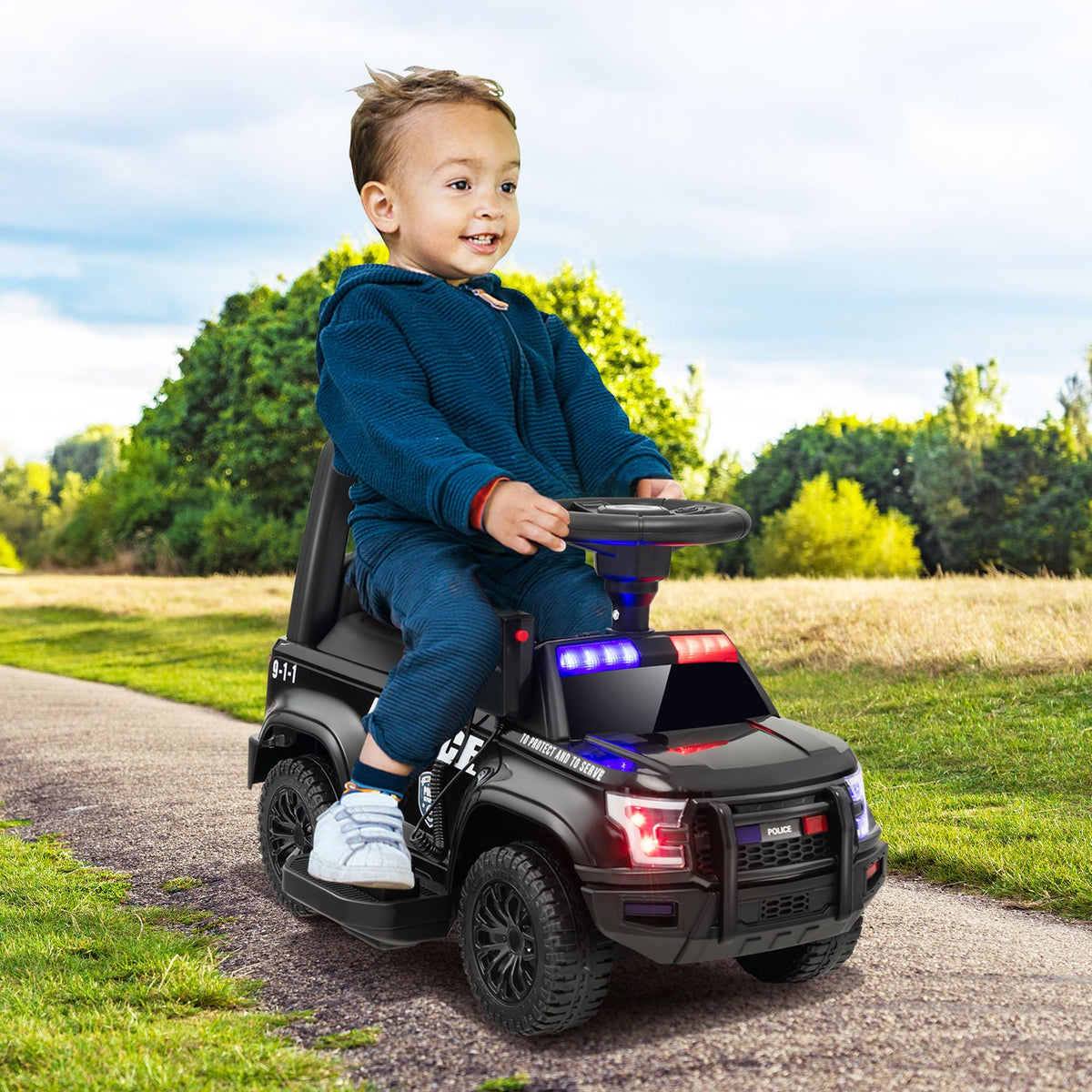 6V Kids Ride On Police Car with Real Megaphone and Siren Flashing Lights-Black view 2