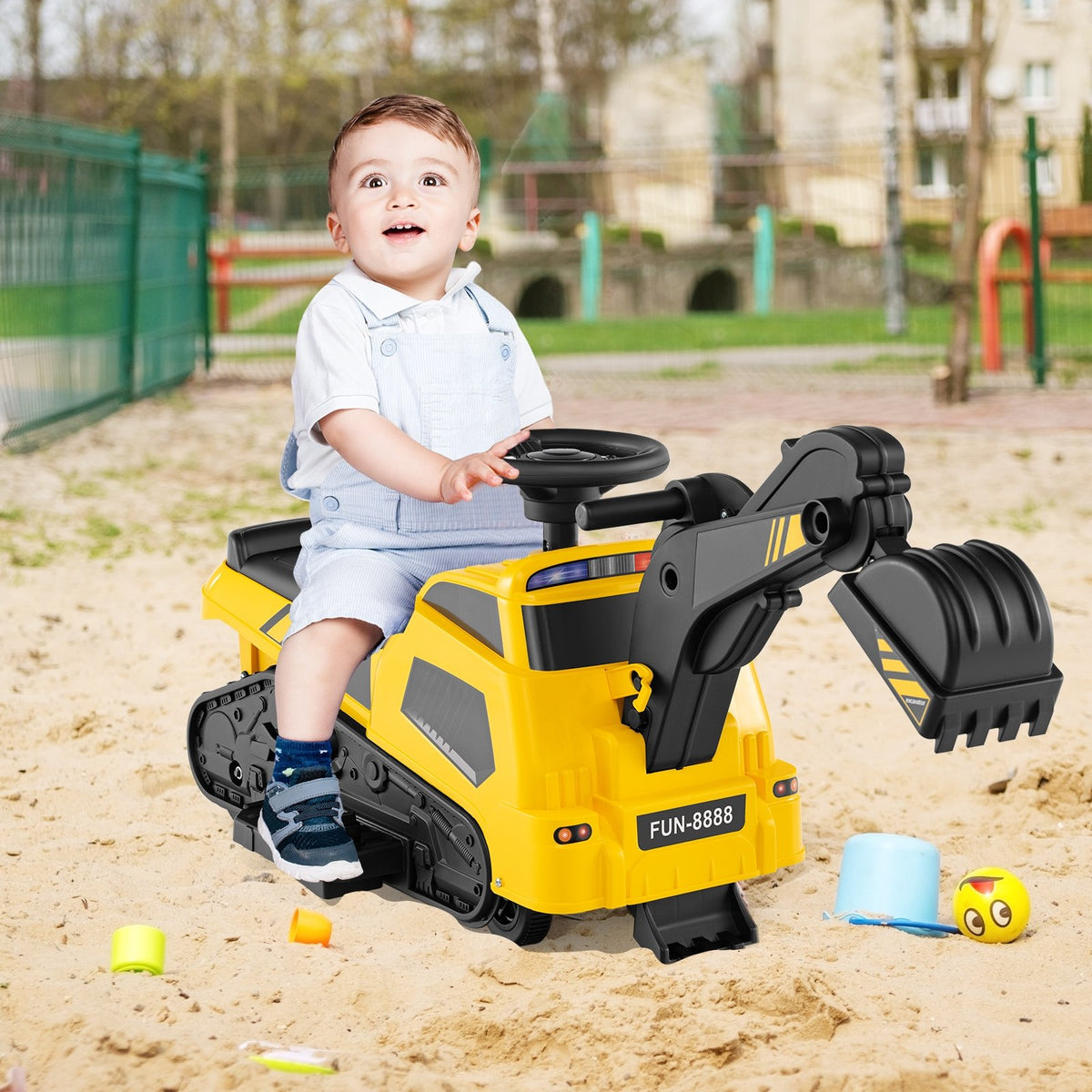 6V Ride on Tractor 3-in-1 Electric Excavator with Adjustable Arms and Music-Yellow view 2