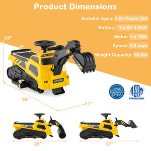 6V Ride on Tractor 3-in-1 Electric Excavator with Adjustable Arms and Music-Yellow view 5