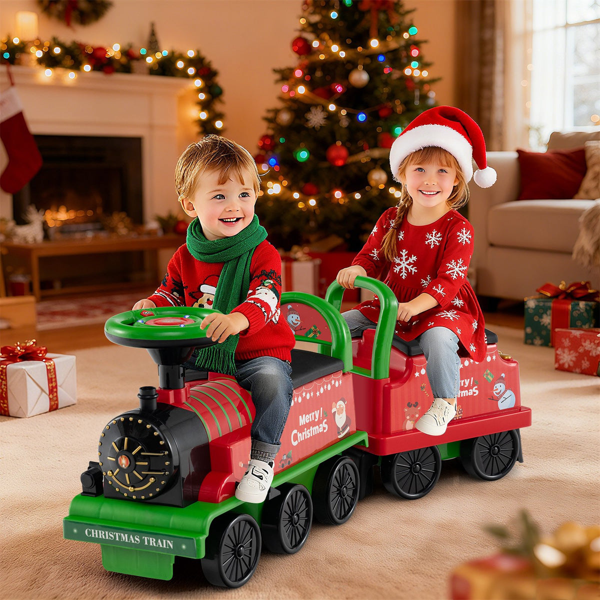 6V Ride on Train 2-Seater with Carriage and Flashing LED Lights-Green view 2