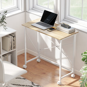 31.5" Home Office Desk, Folding Desk with Wheels for Small Space, Easy Assemblyfor Home Office, Natural Wood Finish