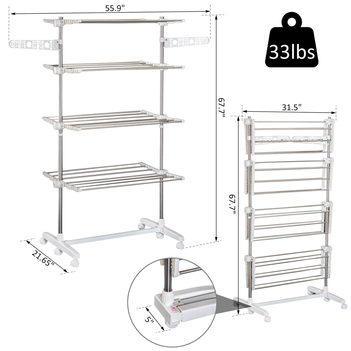 4 Layers Folding Laundry Rack Stand Dryer Storage Towel Rack Rolling