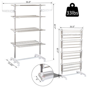 4 Layers Folding Laundry Rack Stand Dryer Storage Towel Rack Rolling