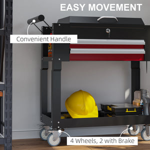 Tool Cart on Wheels Service Cart with 2 Drawers Tray Lockable Flip Top Storage for Garage Warehouse Workshop Black