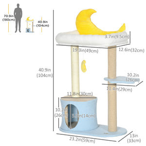 Moon Cat Tower for Indoor Cats with Teddy Fleece House Bed Scratching Post Hanging Toy Star Platform 41" Blue