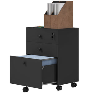 3-Drawer Small Filing Cabinet with Lock, Vertical Office Storage Cabinet with Wheels for Home Office, Black