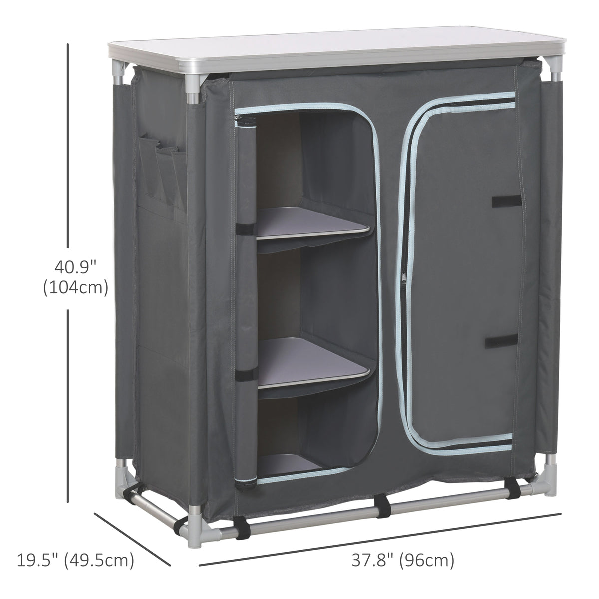Aluminum Camping Table, Camping Kitchen Station Cook Cupborad with 3-Shelf, Storage Organiser for BBQ Party Picnic Grey
