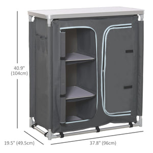 Aluminum Camping Table, Camping Kitchen Station Cook Cupborad with 3-Shelf, Storage Organiser for BBQ Party Picnic Grey