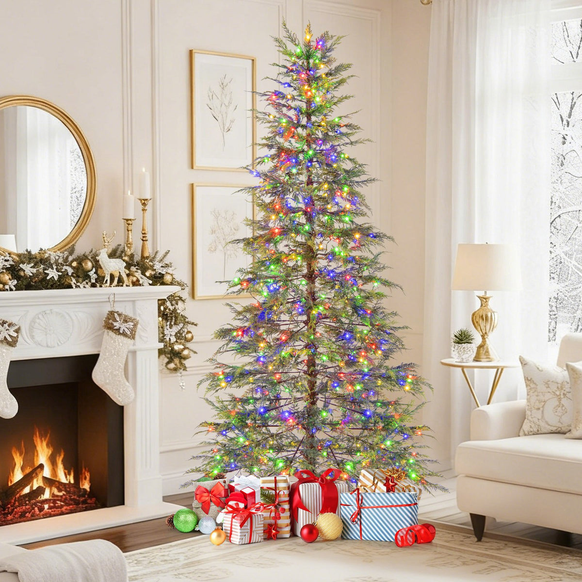 7.5 Feet Artificial Christmas Tree with Branch Tips and Colorful LED Lights view 2