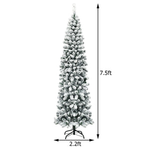 7.5 Feet Pre-lit Snow Flocked Artificial Pencil Christmas Tree with LED Lights view 4