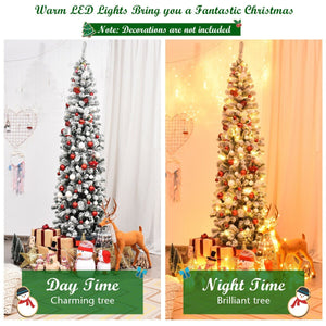 7.5 Feet Pre-lit Snow Flocked Artificial Pencil Christmas Tree with LED Lights view 6